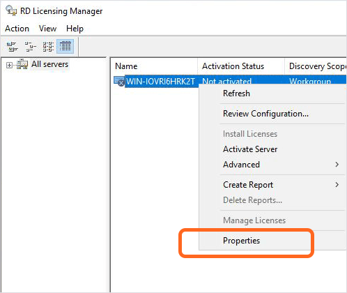 Remote Desktop Licensing Manager, step 1: selecting the RDS server