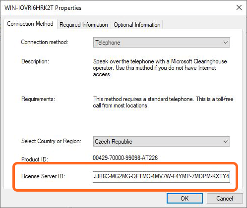 Remote Desktop Licensing Manager, step 2: server properties with the License Server ID
